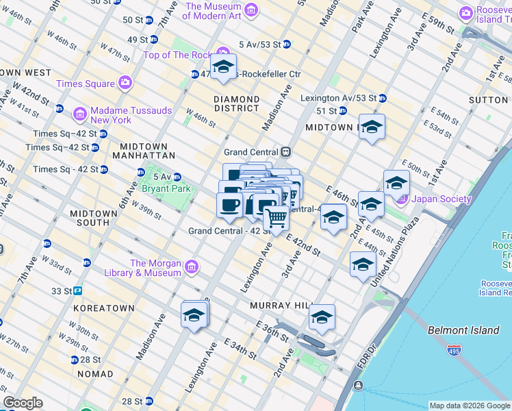 map of restaurants, bars, coffee shops, grocery stores, and more near in New York