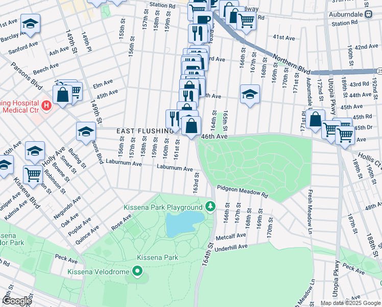 map of restaurants, bars, coffee shops, grocery stores, and more near 46-41 162nd Street in Queens