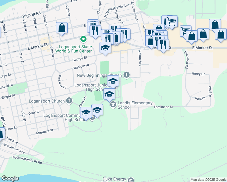 map of restaurants, bars, coffee shops, grocery stores, and more near 2901 Usher Street in Logansport