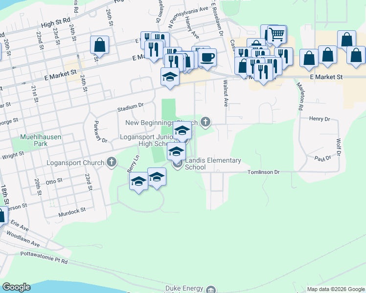 map of restaurants, bars, coffee shops, grocery stores, and more near 2901 Usher Street in Logansport