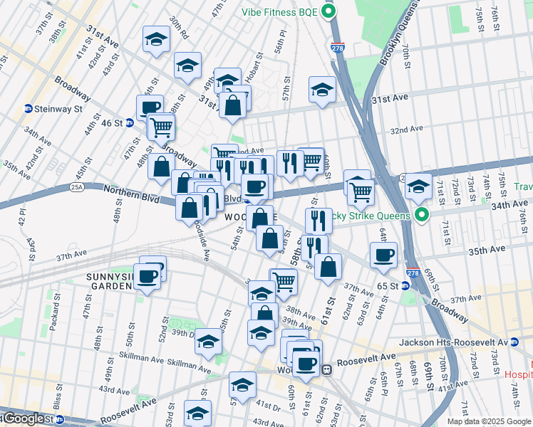 map of restaurants, bars, coffee shops, grocery stores, and more near 33-48 55th Street in Queens