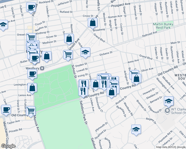 map of restaurants, bars, coffee shops, grocery stores, and more near 542 Whittier Street in Westbury