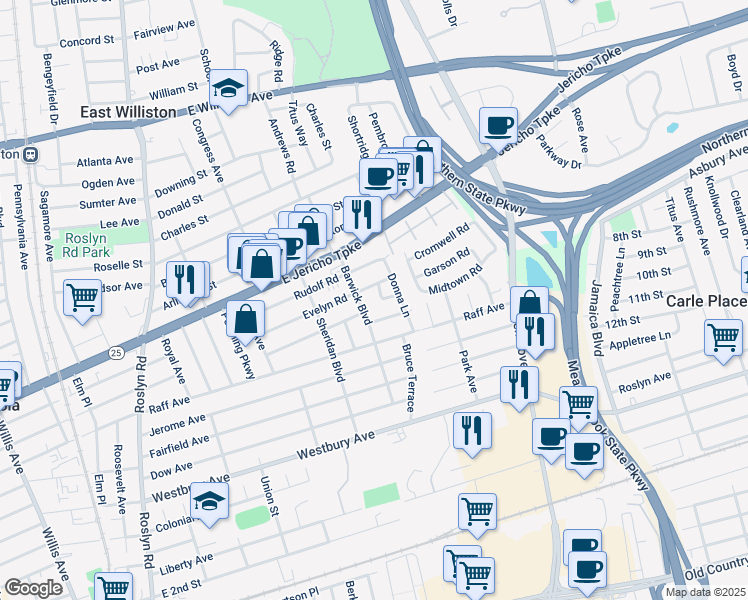 map of restaurants, bars, coffee shops, grocery stores, and more near 258 Hill Street in Mineola