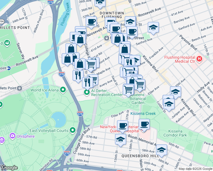 map of restaurants, bars, coffee shops, grocery stores, and more near 133-20 Avery Avenue in Queens