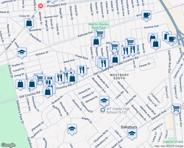 map of restaurants, bars, coffee shops, grocery stores, and more near 1110 Washington Avenue in Westbury