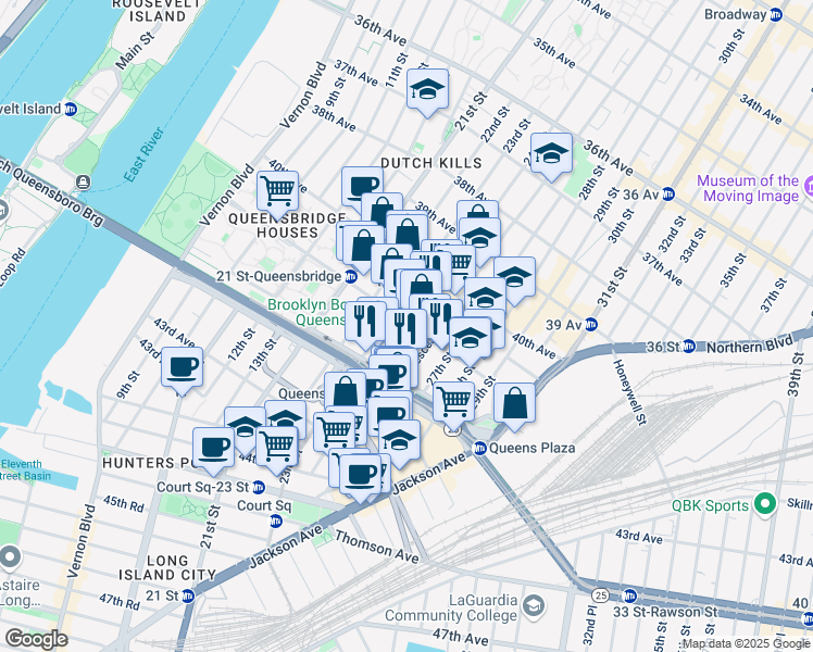 map of restaurants, bars, coffee shops, grocery stores, and more near 23-10 41st Avenue in Queens