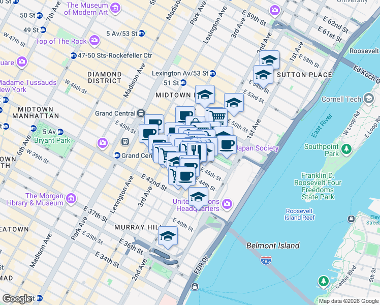 map of restaurants, bars, coffee shops, grocery stores, and more near in New York