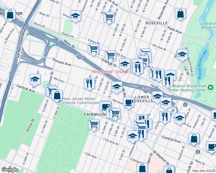 map of restaurants, bars, coffee shops, grocery stores, and more near 73 South 11th Street in Newark