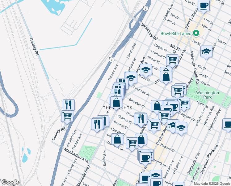 map of restaurants, bars, coffee shops, grocery stores, and more near 454 Liberty Avenue in Jersey City