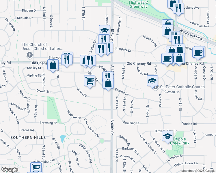 map of restaurants, bars, coffee shops, grocery stores, and more near 3930 Village Lane in Lincoln