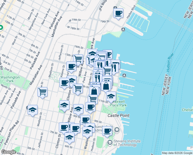 map of restaurants, bars, coffee shops, grocery stores, and more near 1217 Washington Street in Hoboken
