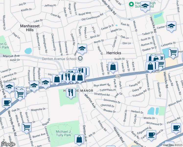 map of restaurants, bars, coffee shops, grocery stores, and more near 25 Clyde Street in New Hyde Park