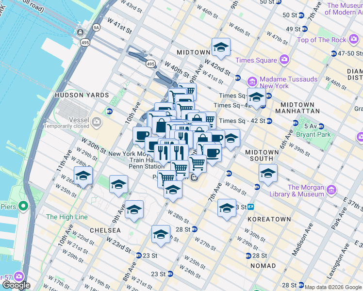 map of restaurants, bars, coffee shops, grocery stores, and more near West 34th Street in New York