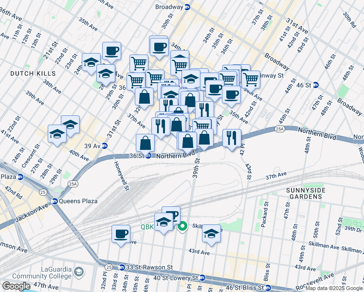 map of restaurants, bars, coffee shops, grocery stores, and more near 37-18 Northern Boulevard in Queens