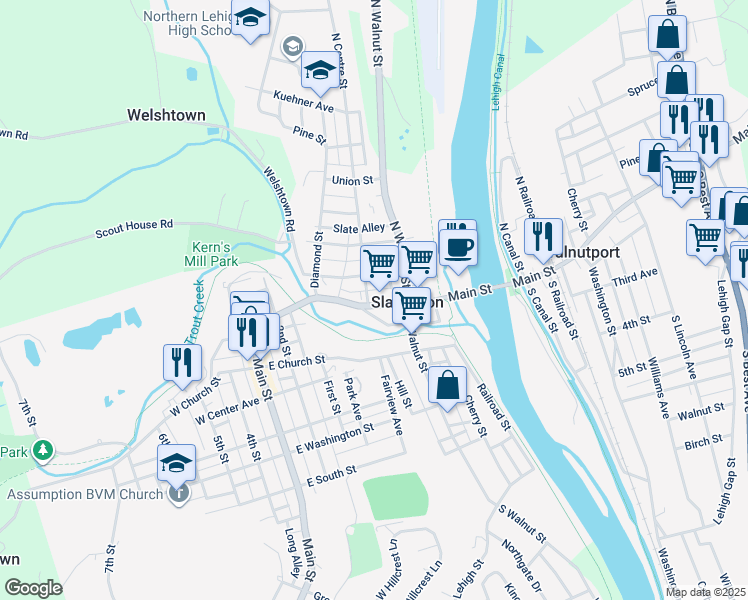map of restaurants, bars, coffee shops, grocery stores, and more near 250 Main Street in Slatington