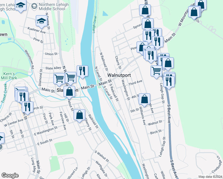 map of restaurants, bars, coffee shops, grocery stores, and more near 202 South Railroad Street in Walnutport