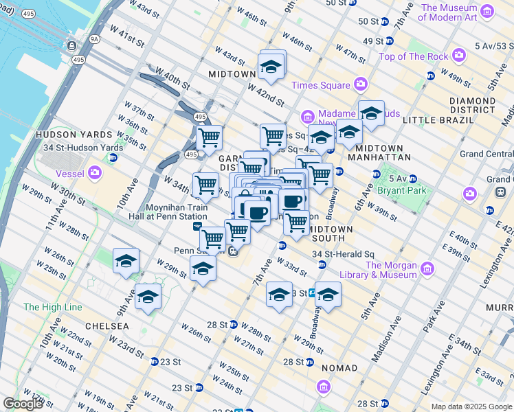 map of restaurants, bars, coffee shops, grocery stores, and more near 1 Pennsylvania Plaza in New York
