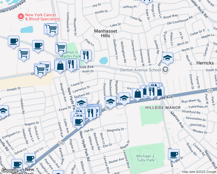 map of restaurants, bars, coffee shops, grocery stores, and more near 143 Primrose Drive in North New Hyde Park