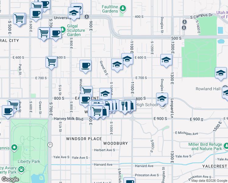 map of restaurants, bars, coffee shops, grocery stores, and more near 800 South 1000 East in Salt Lake City