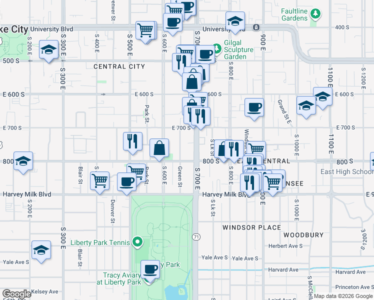 map of restaurants, bars, coffee shops, grocery stores, and more near 665 East 800 South in Salt Lake City