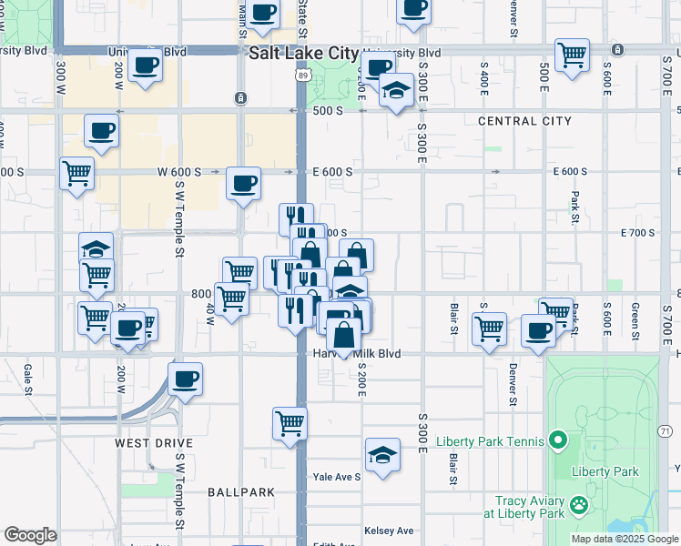 map of restaurants, bars, coffee shops, grocery stores, and more near 150 800 South in Salt Lake City