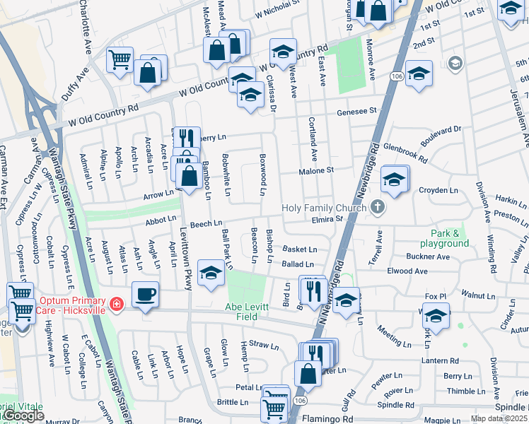 map of restaurants, bars, coffee shops, grocery stores, and more near 9 Beacon Lane in Hicksville