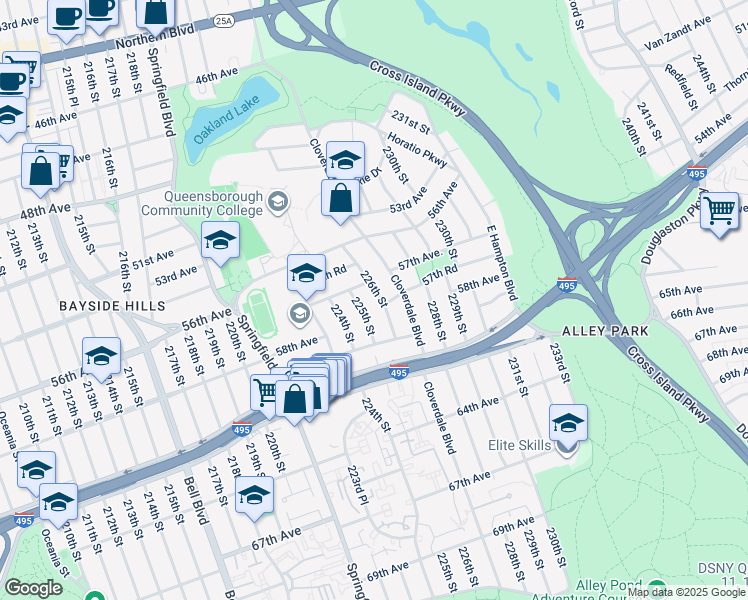 map of restaurants, bars, coffee shops, grocery stores, and more near 57-39 225th Street in Queens
