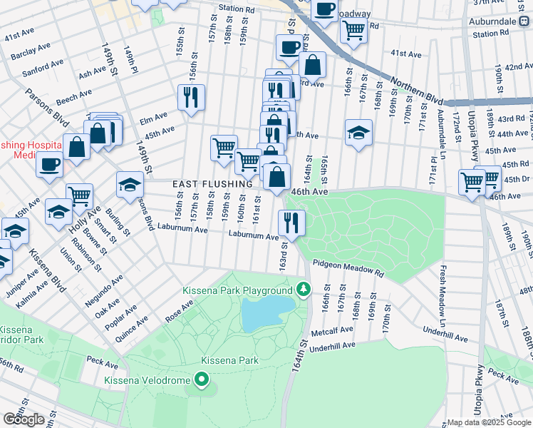 map of restaurants, bars, coffee shops, grocery stores, and more near 161-01 Laburnum Avenue in Queens