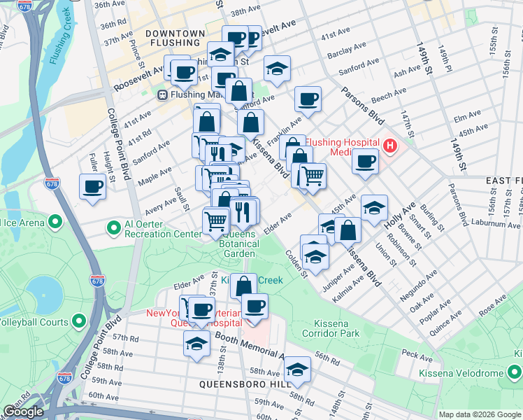 map of restaurants, bars, coffee shops, grocery stores, and more near 4317 Main Street in Queens