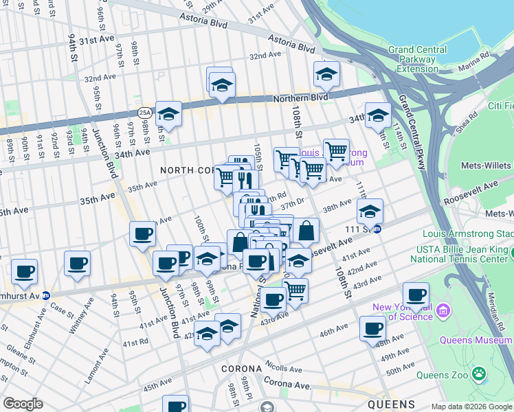 map of restaurants, bars, coffee shops, grocery stores, and more near 37-54 104th Street in Queens