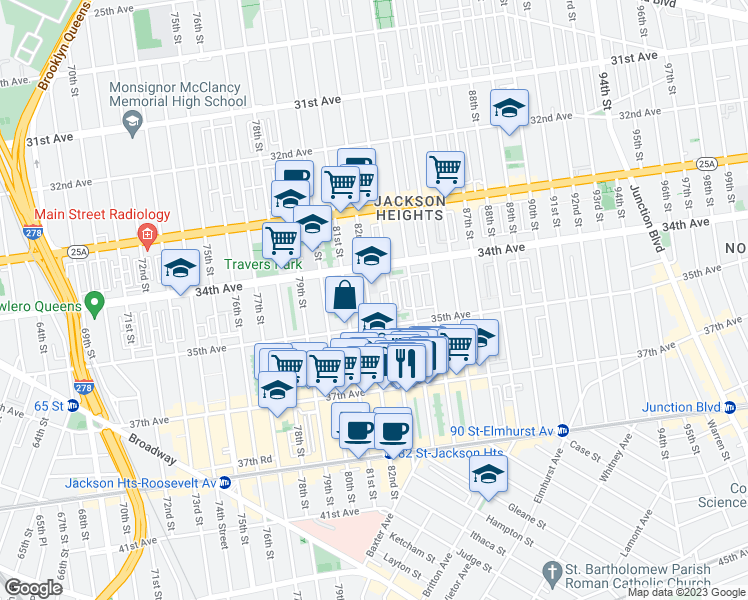 map of restaurants, bars, coffee shops, grocery stores, and more near 8215 35th Avenue in Queens
