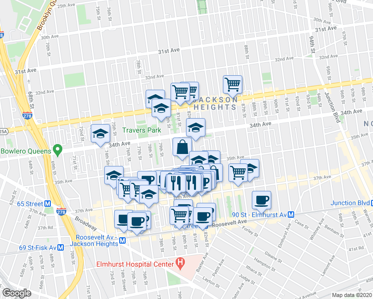 map of restaurants, bars, coffee shops, grocery stores, and more near in Queens