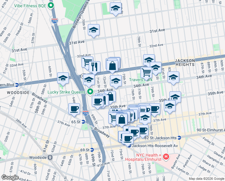 map of restaurants, bars, coffee shops, grocery stores, and more near 34-29 73rd Street in Queens