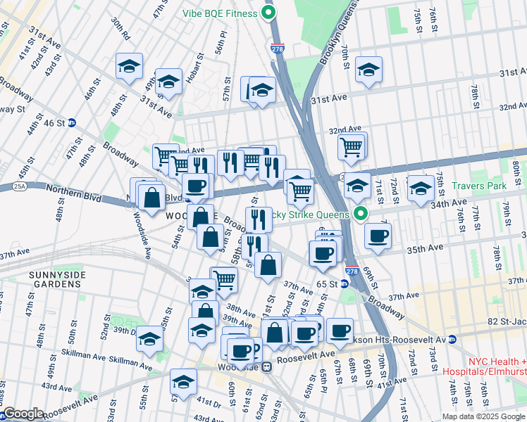 map of restaurants, bars, coffee shops, grocery stores, and more near 33-61 60th Street in Queens