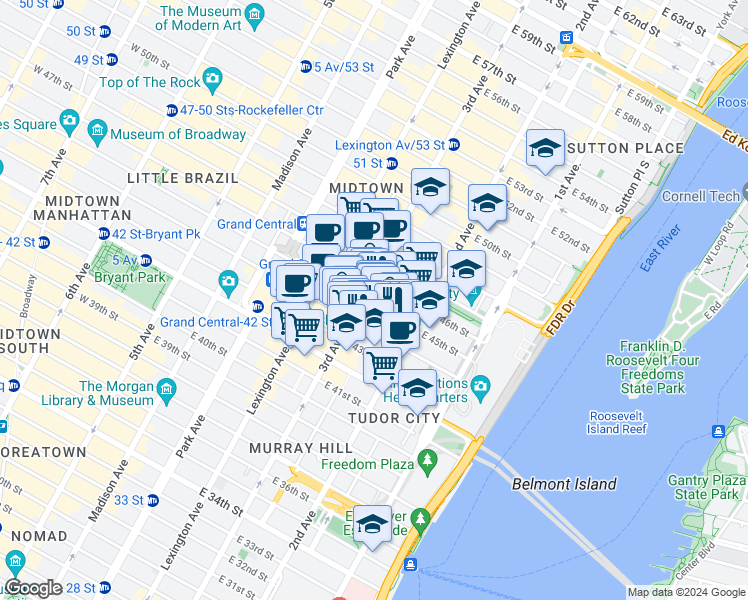 map of restaurants, bars, coffee shops, grocery stores, and more near 685 3rd Avenue in New York