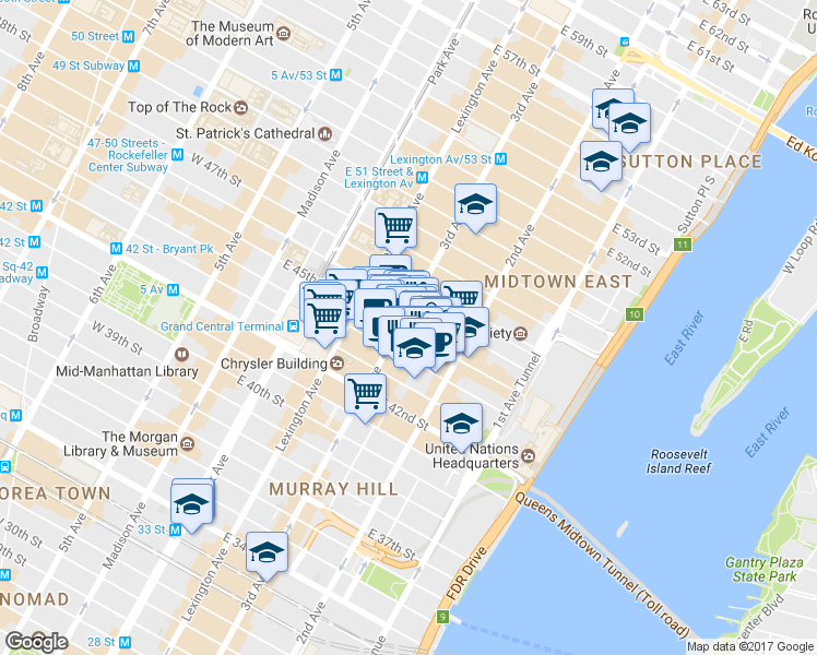 map of restaurants, bars, coffee shops, grocery stores, and more near 215 East 44th Street in New York