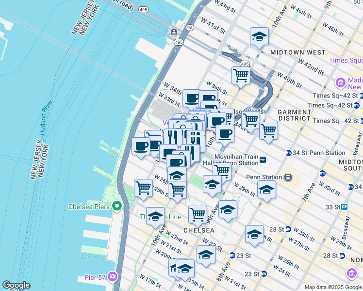 map of restaurants, bars, coffee shops, grocery stores, and more near 519 West 29th Street in New York
