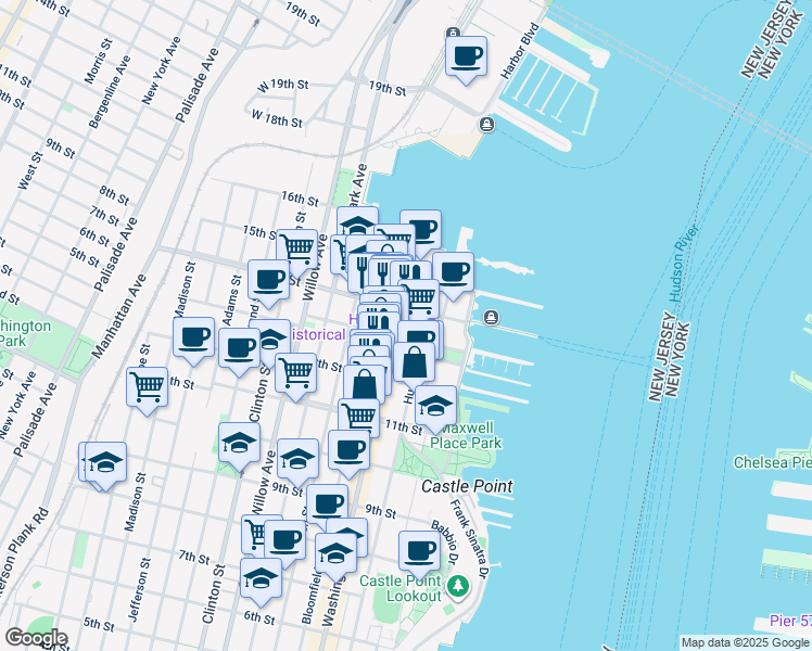 map of restaurants, bars, coffee shops, grocery stores, and more near 1217 Washington Street in Hoboken