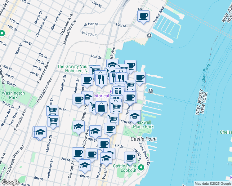 map of restaurants, bars, coffee shops, grocery stores, and more near 1227 Garden Street in Hoboken
