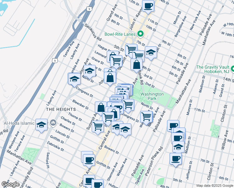 map of restaurants, bars, coffee shops, grocery stores, and more near 14 Graham Street in Jersey City