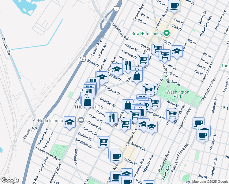 map of restaurants, bars, coffee shops, grocery stores, and more near 86 Paterson Street in Jersey City