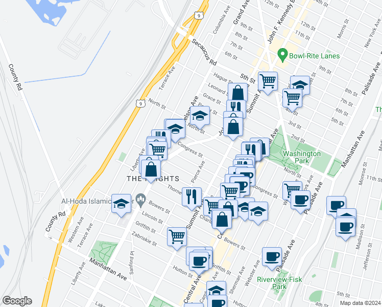 map of restaurants, bars, coffee shops, grocery stores, and more near 86 Paterson Street in Jersey City