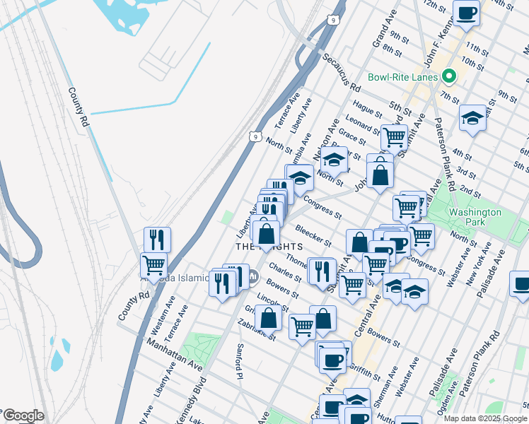 map of restaurants, bars, coffee shops, grocery stores, and more near 454 Liberty Avenue in Jersey City