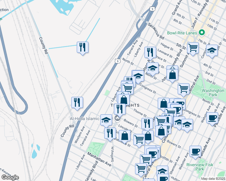 map of restaurants, bars, coffee shops, grocery stores, and more near 454 Liberty Avenue in Jersey City