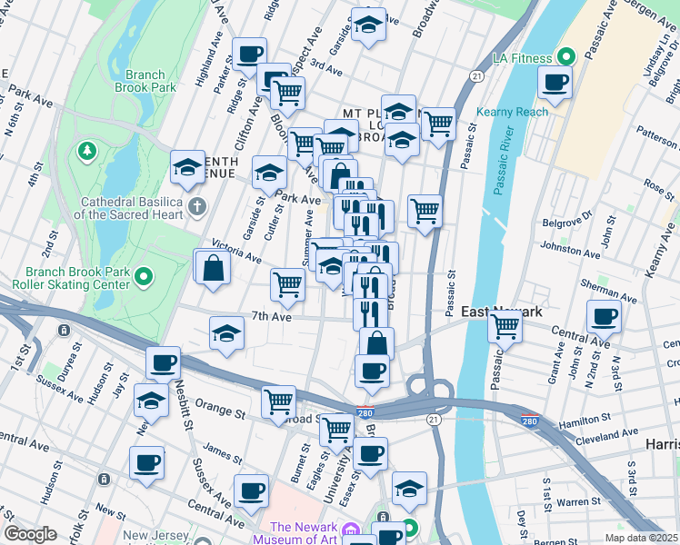 map of restaurants, bars, coffee shops, grocery stores, and more near 24 Crane Street in Newark