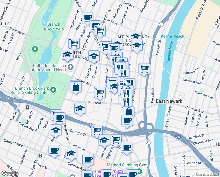 map of restaurants, bars, coffee shops, grocery stores, and more near 51 Summer Avenue in Newark