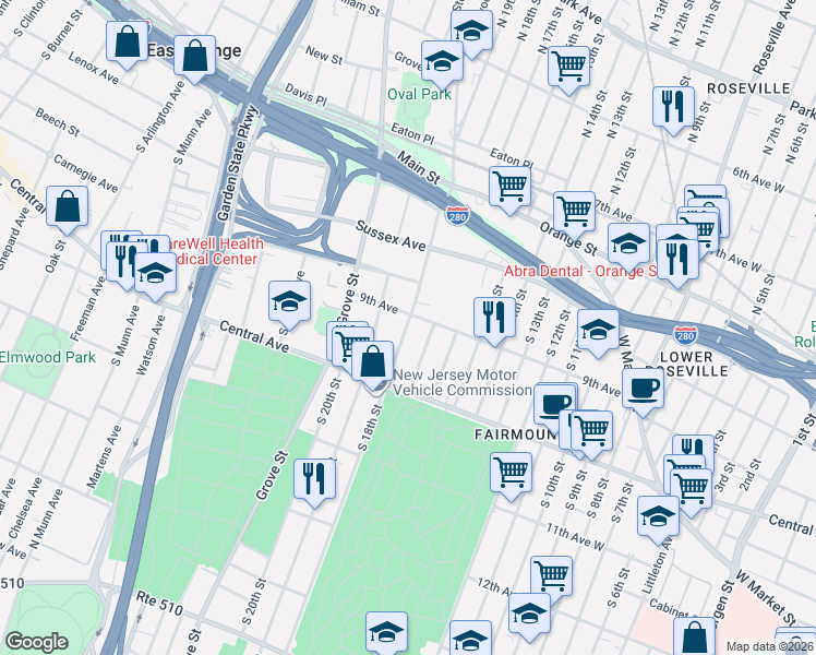 map of restaurants, bars, coffee shops, grocery stores, and more near 24 South 17th Street in East Orange