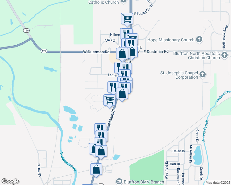 map of restaurants, bars, coffee shops, grocery stores, and more near 860 North Main Street in Bluffton