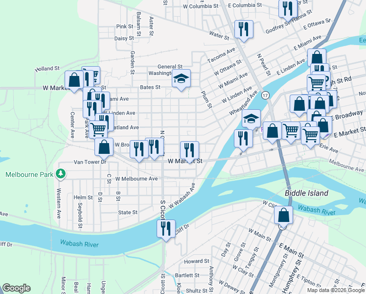 map of restaurants, bars, coffee shops, grocery stores, and more near 500 West Market Street in Logansport