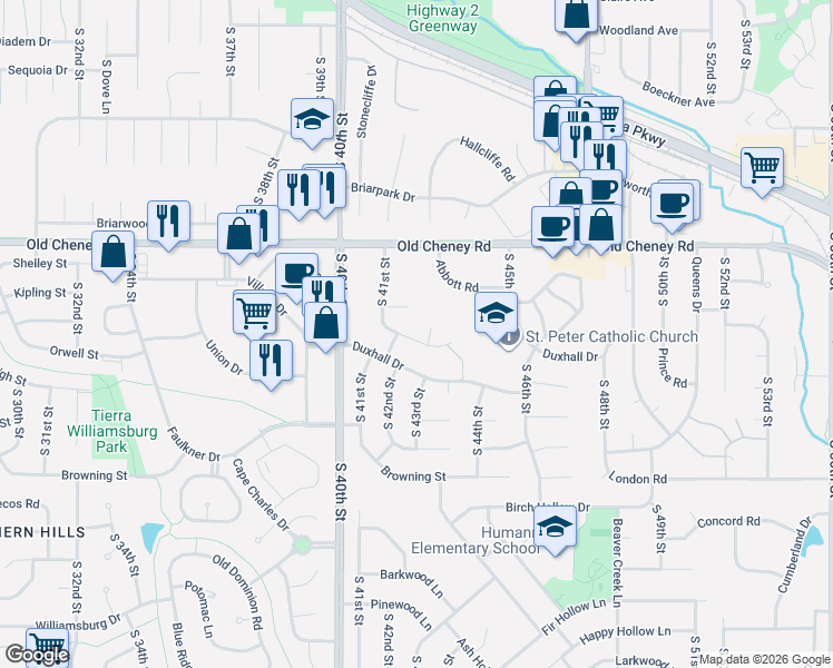 map of restaurants, bars, coffee shops, grocery stores, and more near 4301 Jacquelyn Circle in Lincoln
